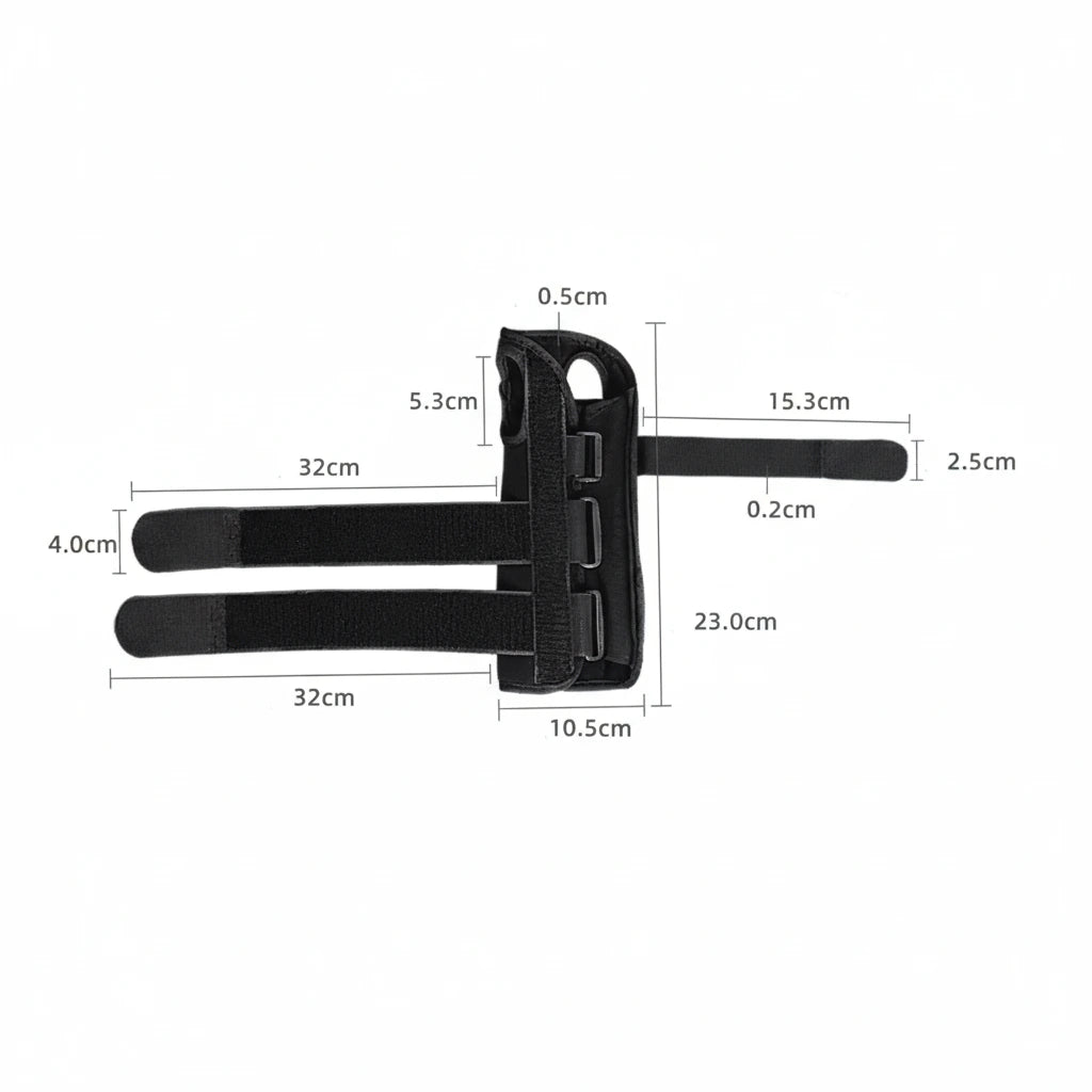 Storleksbild av stabilt handledsstöd med justerbara remmar och måttangivelser.