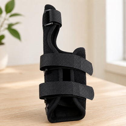 Handledsstöd med tumstöd och justerbara kardborreband för stabilisering av handled och tumme.