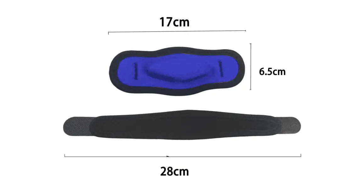 Storleksbild för stöd vid tennisarmbåge med mått på band och tryckkudde.