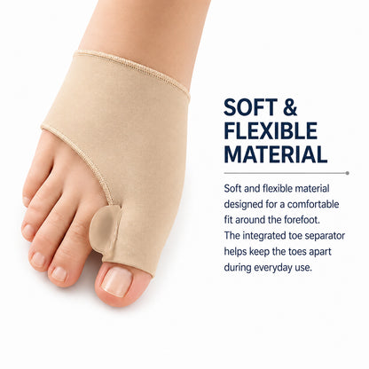 Stöd med tåseparerare i mjukt och flexibelt material för bekväm passform runt framfoten.