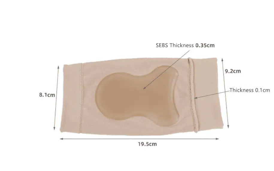 Storleksbild av stödstrumpa mot hälsporre med gelkudde och måttangivelser.