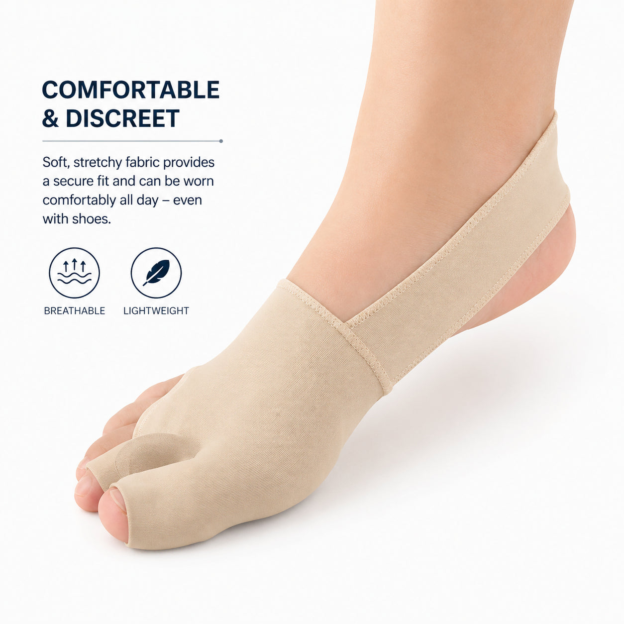 Tåseparator för hallux valgus i mjukt och följsamt material med tåseparation och kroppsnära passform.