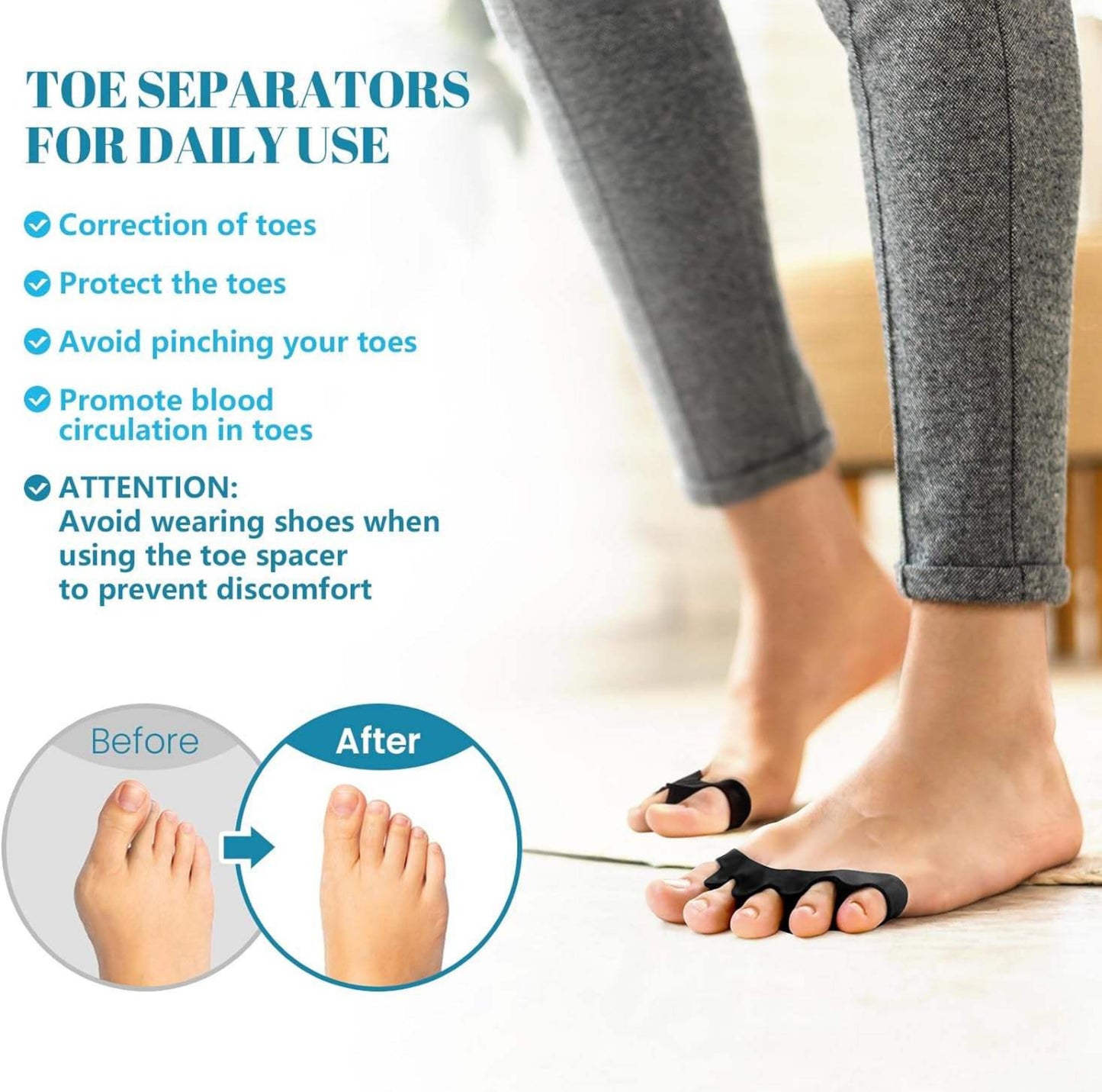 Person som står barfota med tåseparerare, som håller tårna åtskilda vid daglig användning, med illustrerad före- och efterbild av tåposition