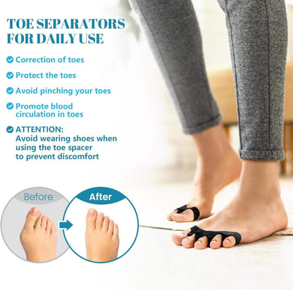 Person som står barfota med tåseparerare, som håller tårna åtskilda vid daglig användning, med illustrerad före- och efterbild av tåposition