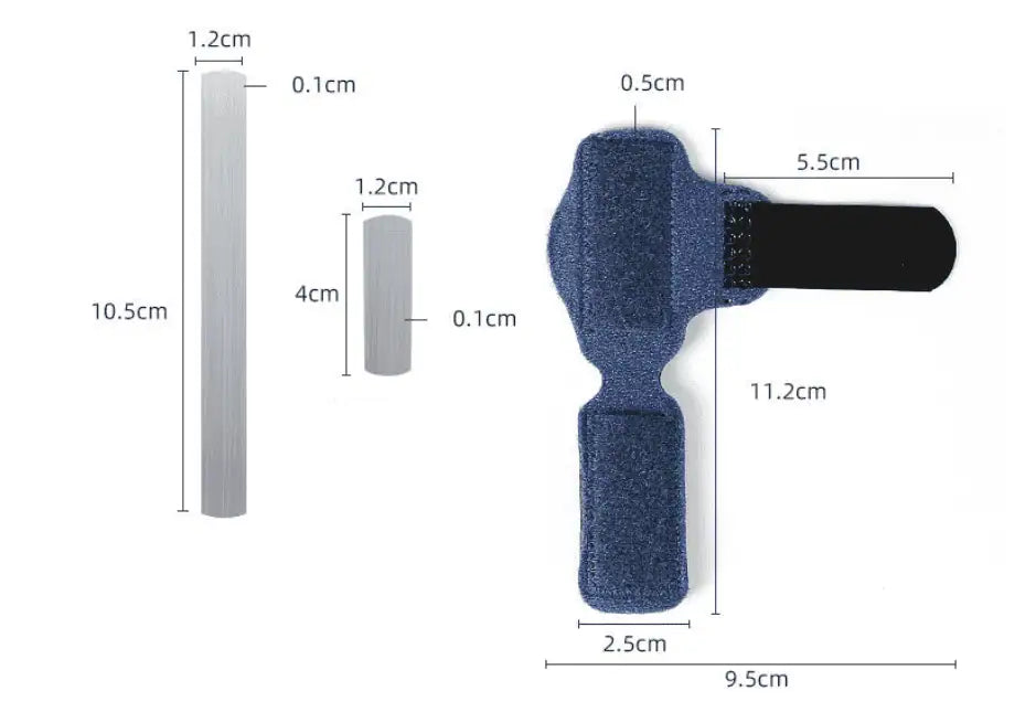 Storleksbild som visar mått på justerbart tåstöd med längd, bredd och stabiliserande skenor.
