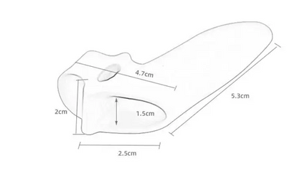 Måttbild av silikon tåspridare mot hallux valgus som visar längd, bredd och höjd.