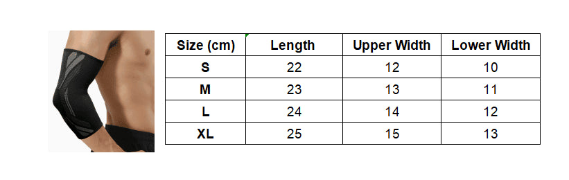 Storleksguide för tennisarmbågsstöd med kompression och mått för längd och bredd.