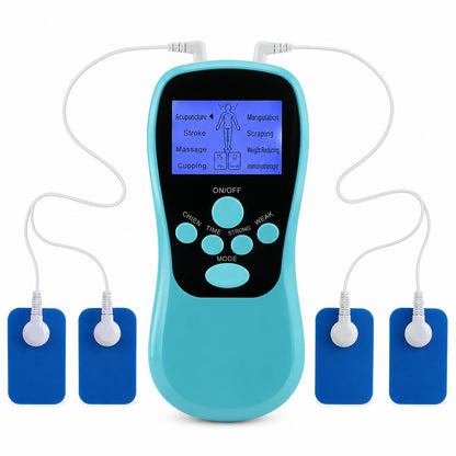 TENS/EMS-massageapparat med fyra elektrodkuddar för muskelstimulering, smärtlindring och avslappning.