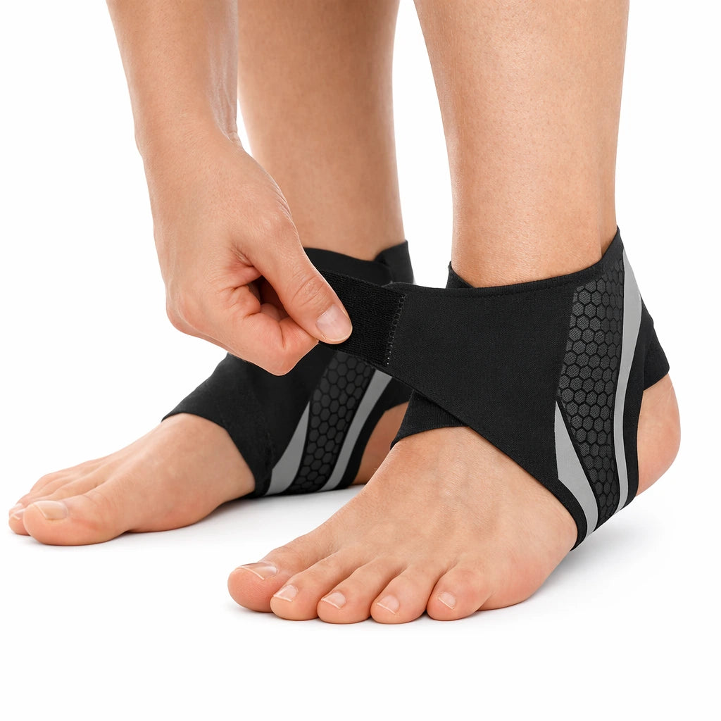 Tunt ankelstöd med kompression placerat runt ankeln