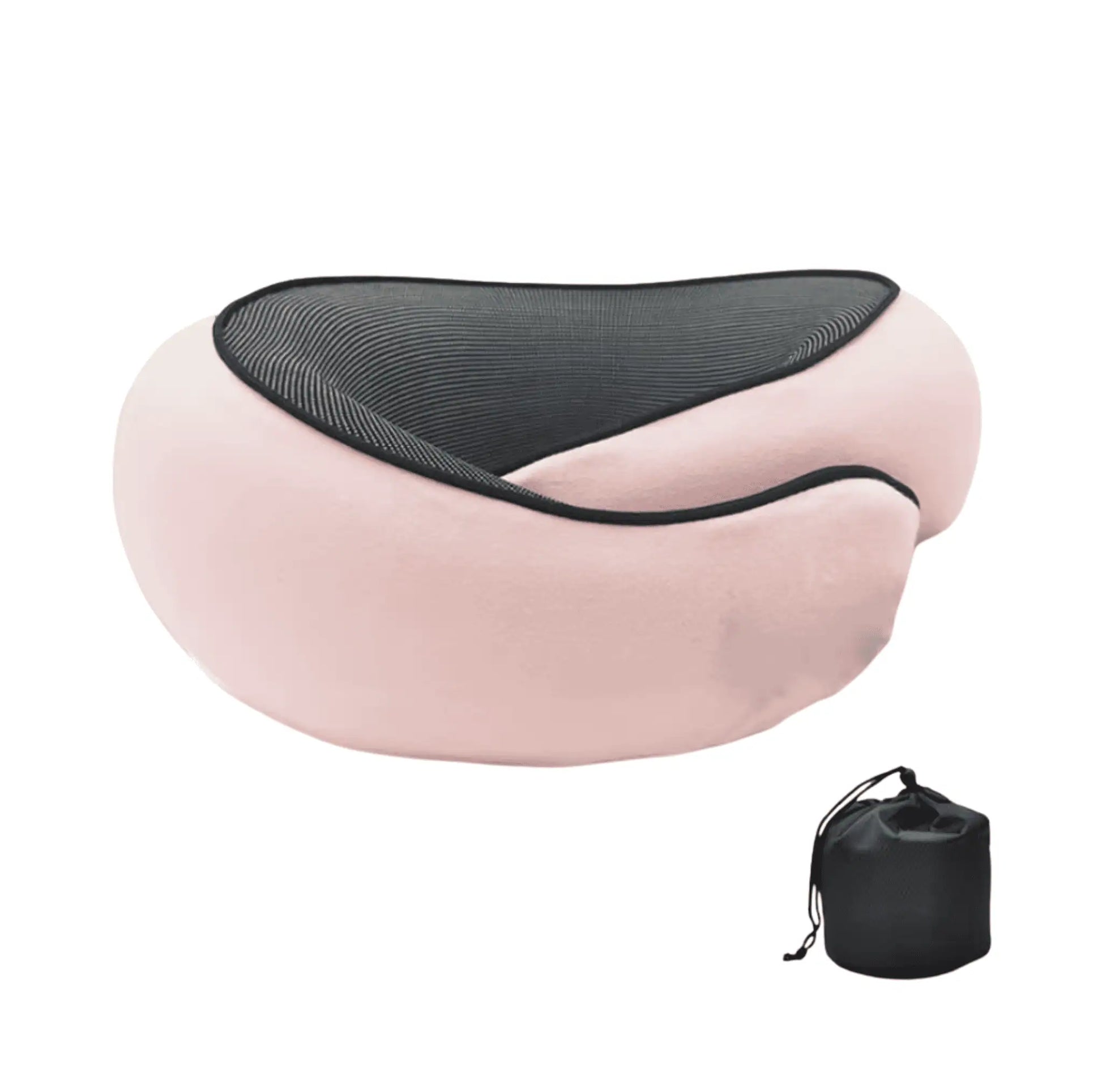 Rosa U-formad resekudde med mjukt nackstöd samt medföljande förvaringspåse