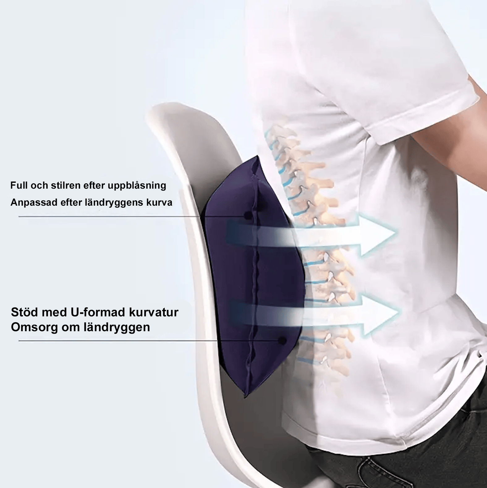Kudde placerad bakom ryggen för extra stöd
