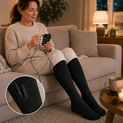 Person laddar batteridrivna värmestrumpor hemma med en powerbank via den inbyggda fickan för batteriet.